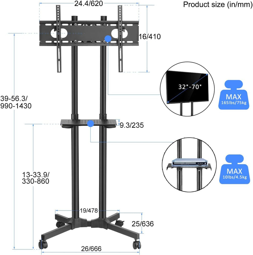 Mobile TV Cart Rolling TV Stand with Wheels and Shelf for 32-70 inch Flat Screen O1583