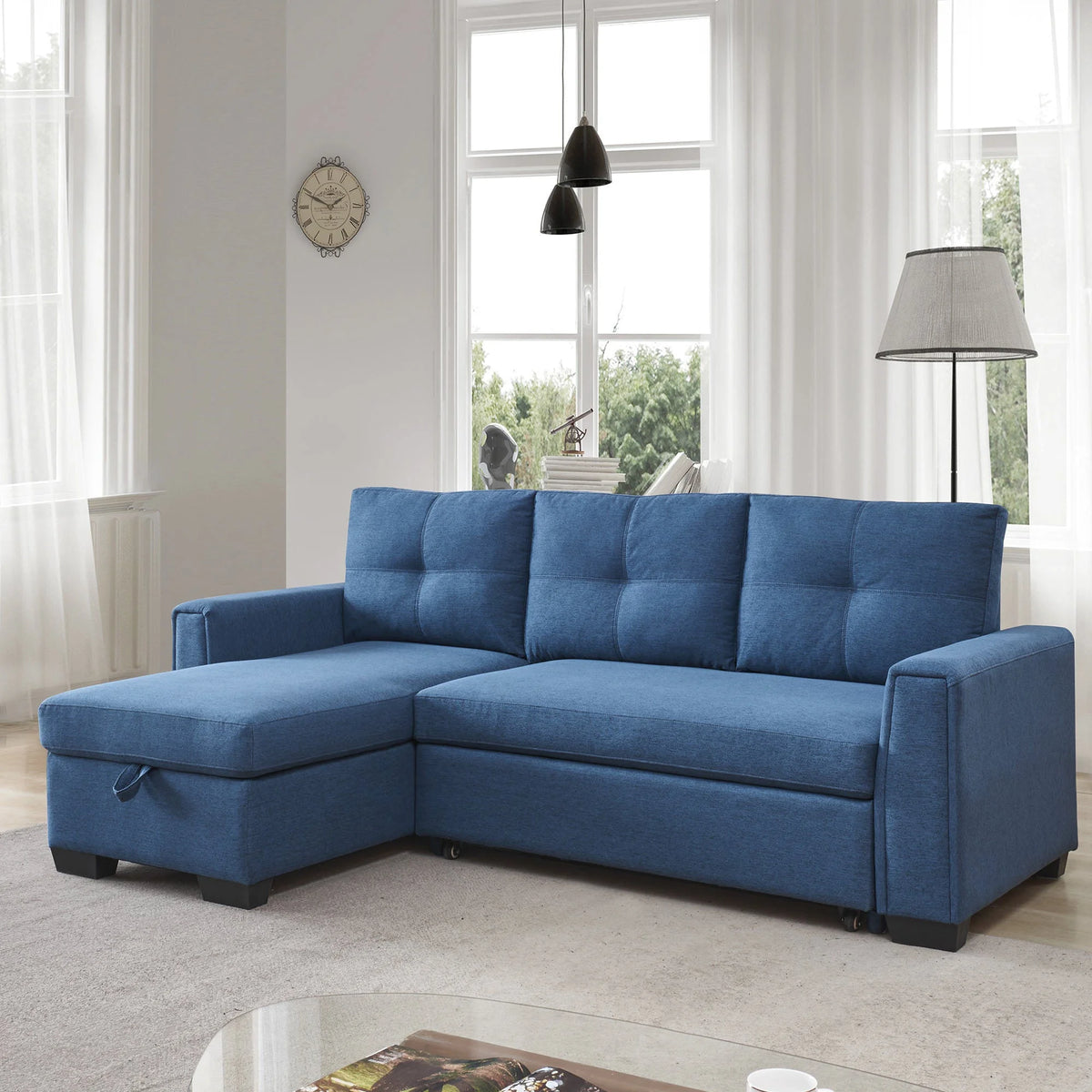 Blue L-Shape Pull-Out Sleeper Sectional Sofa R630