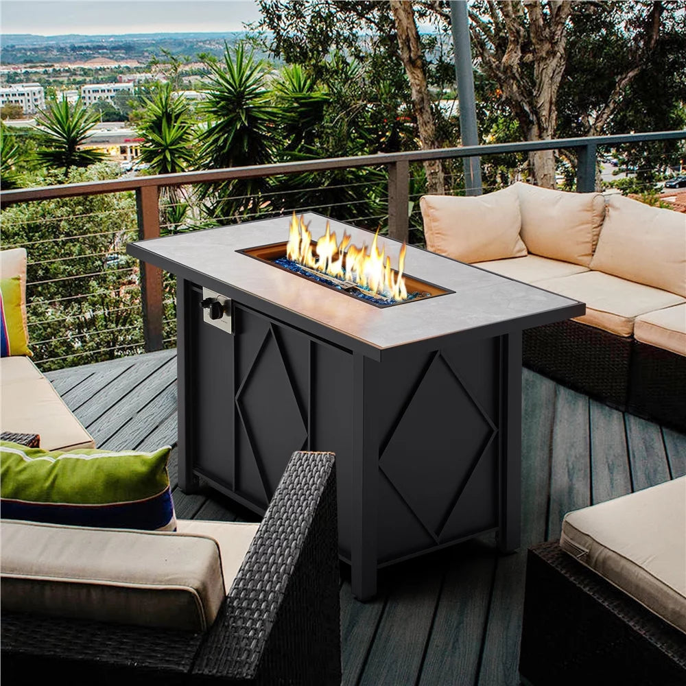 43in Propane Fire Pit Table with Ceramic Tabletop & Steel Base, Black E1001
