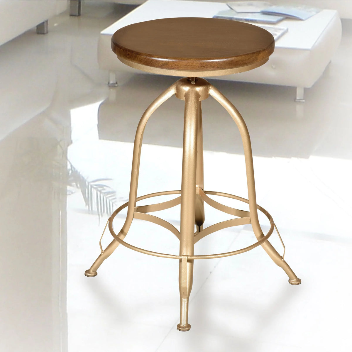 Brown and Gold Adjustable Stool with Wooden Seat T4386