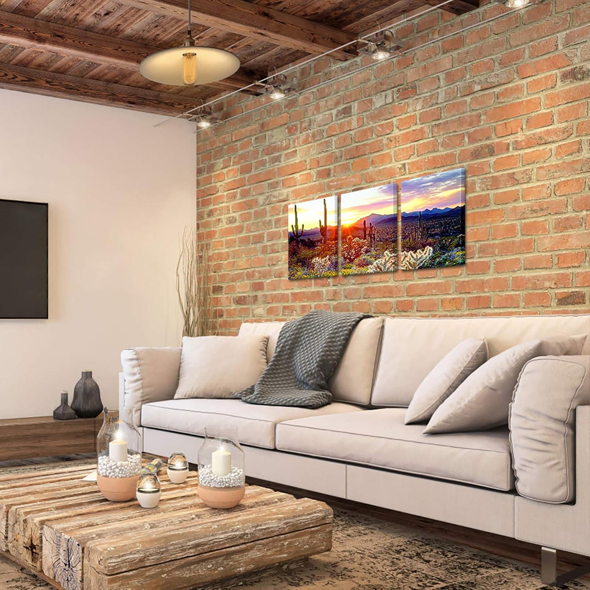 3 Piece Saguaro Cactus Canvas Wall Art Sunset at Arizona Sonoran Desert Landscape Painting Print F5463