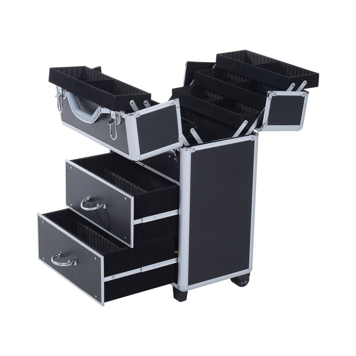 4 Tier Lockable Cosmetic Train Case with Extendable Trays Black B14608