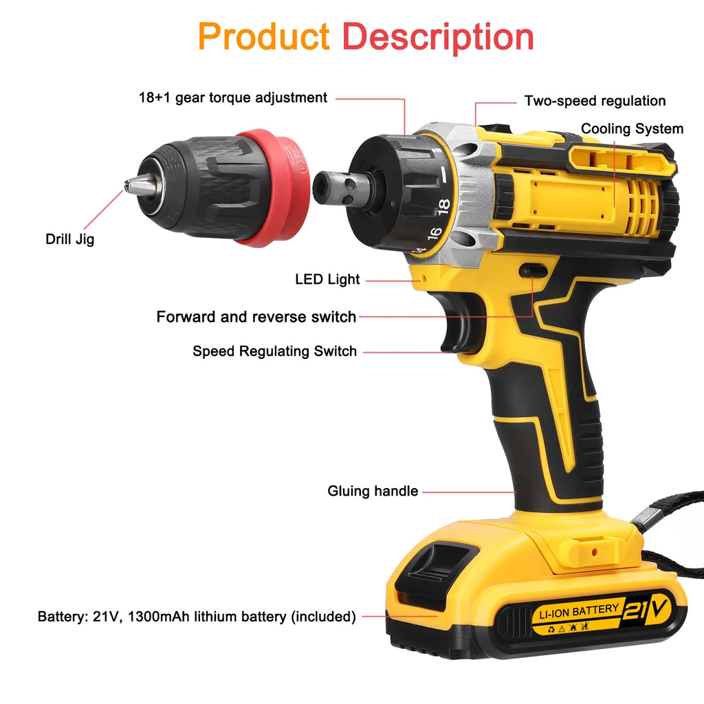 Electric Screwdriver 21V Brushed Motor Drill Set O293915