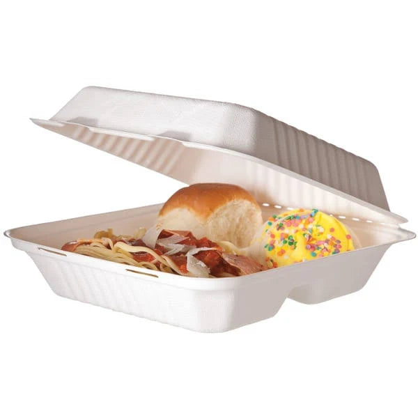 9 in 3-Compartment Soak Proof Sugarcane Clamshells Y84531