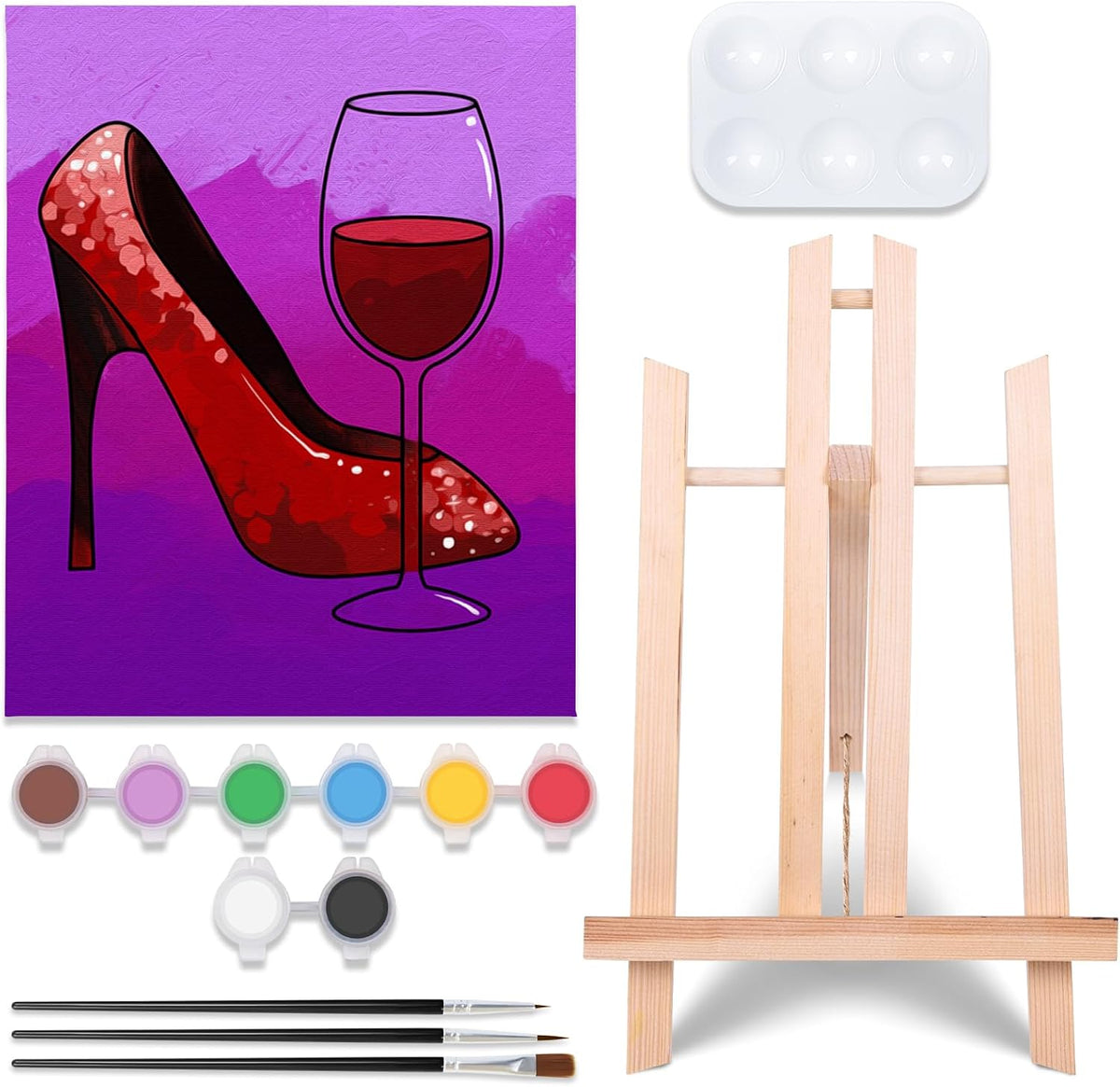 Pre Drawn Canvas Painting Kit with 1 Easel, 8 Acrylic Colors, 3 Brush, 1 Pallet (8x10) S847526