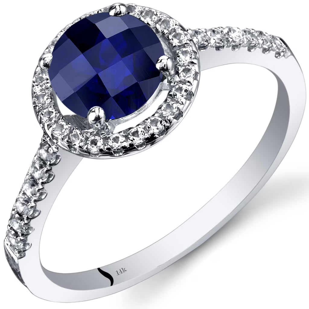 14K White Gold Created Blue Sapphire Halo Ring U121