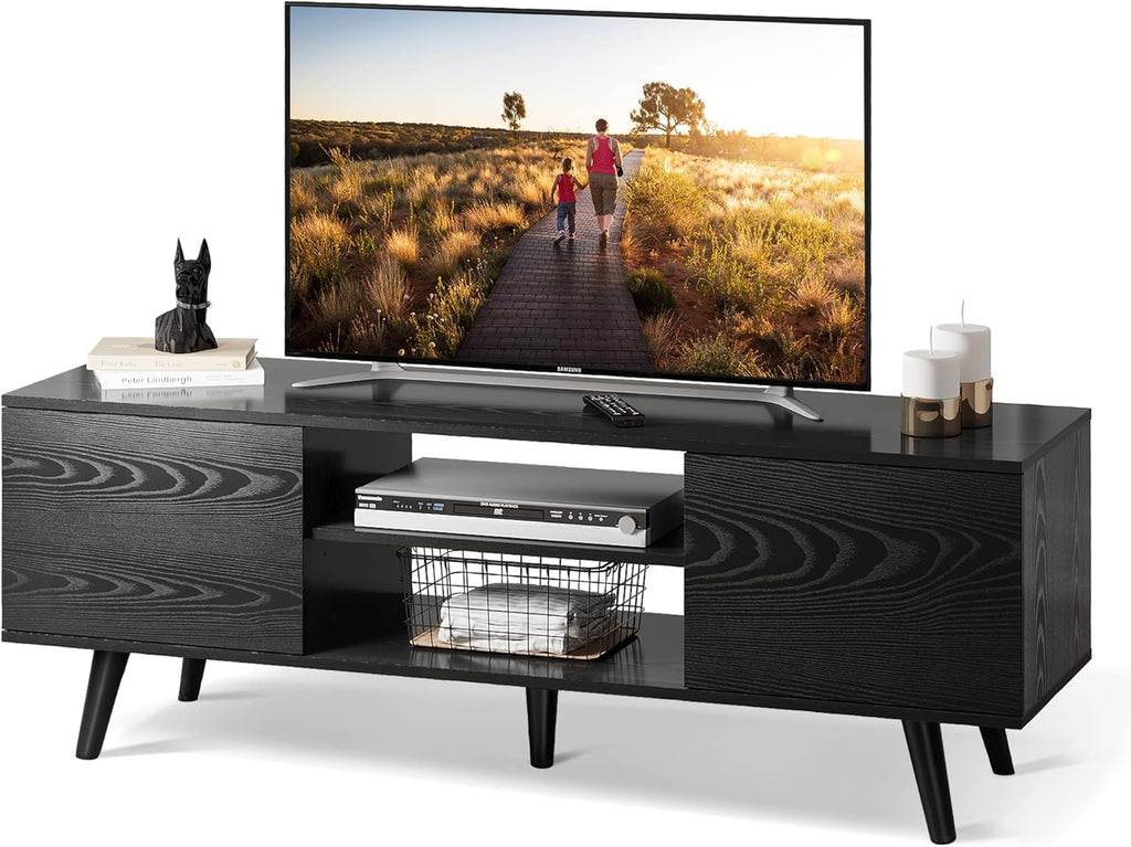 Black TV Stand with Storage Cabinet and Open Shelves I371