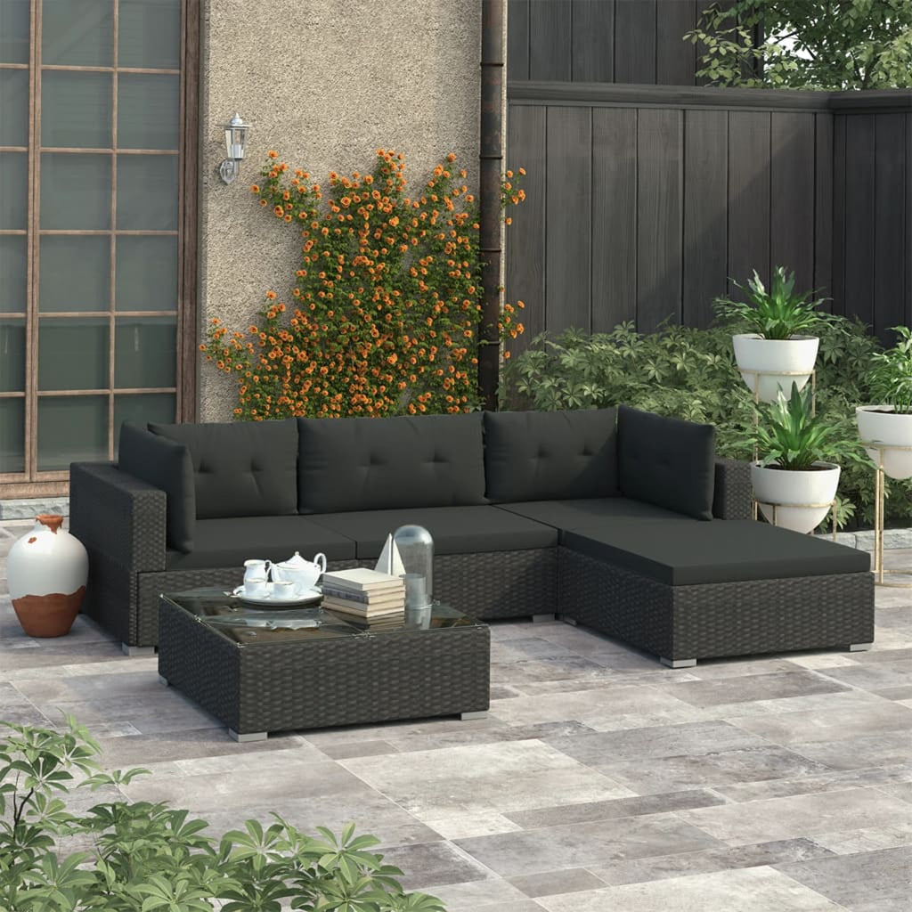 5 Piece Black Poly Rattan Outdoor Conversation Sofa Set with Tea Table and Ottoman Y7559