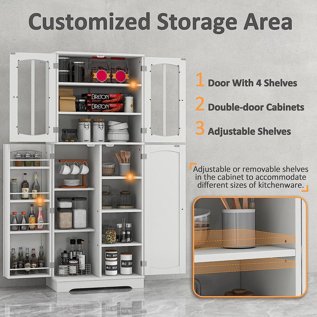 White Wood Kitchen Pantry Storage Cabinet with Doors and Shelves M26442