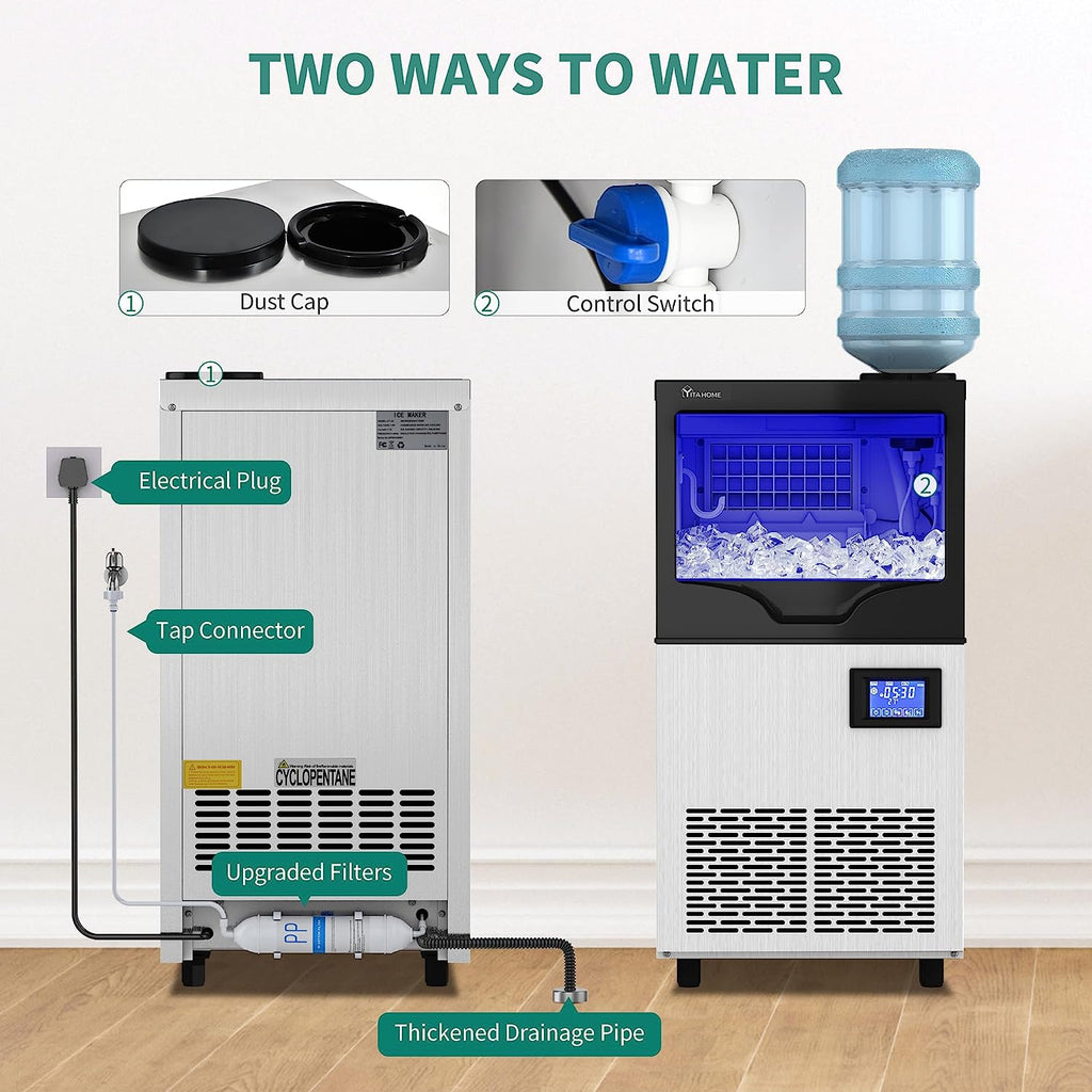 Commercial Ice Maker Machine 100lbs/24h with 33lbs Storage Bin, Stainless Steel Ice Scoop, Blue Light, Freestanding Ice Machine Water Bottle C664113