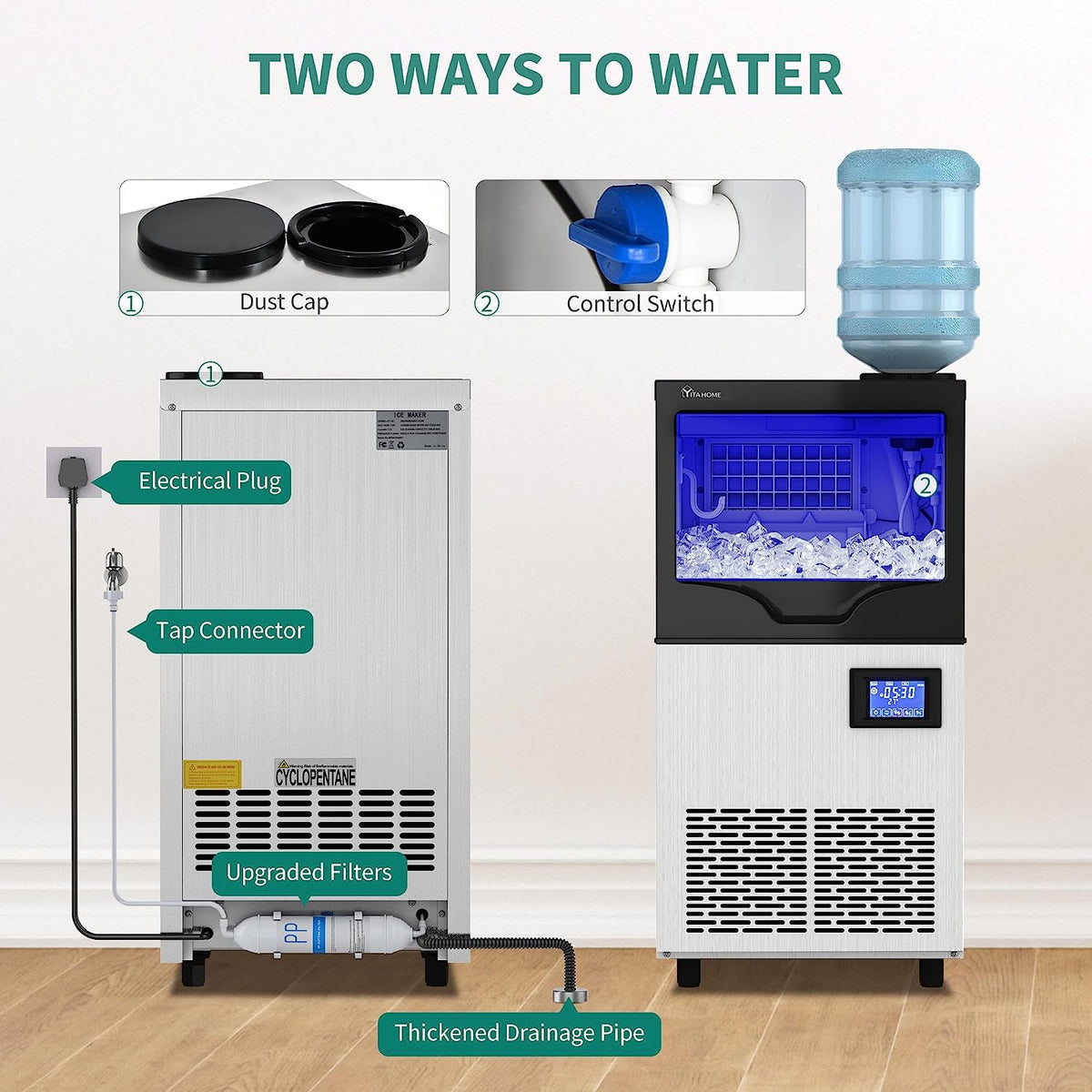 Commercial Ice Maker Machine 100lbs/24h with 33lbs Storage Bin, Stainless Steel Ice Scoop, Blue Light, Freestanding Ice Machine Water Bottle C664113