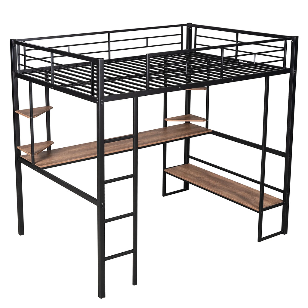 Black Full Metal Loft Bed with Desk and Storage Shelves Y61260