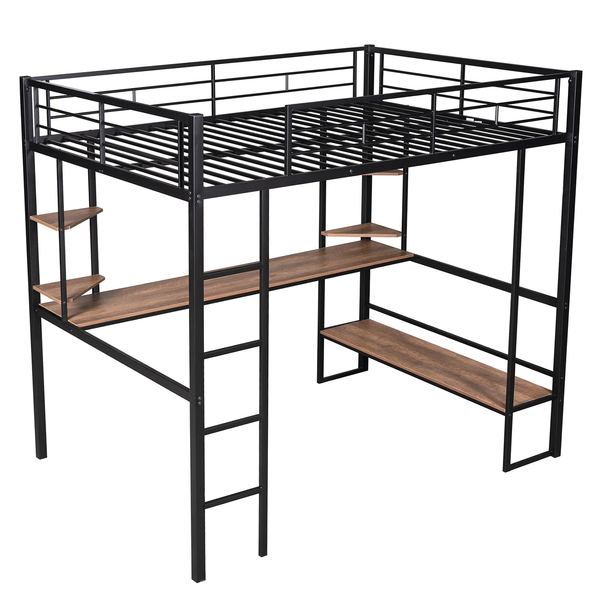 Black Full Metal Loft Bed with Desk and Storage Shelves Y61260