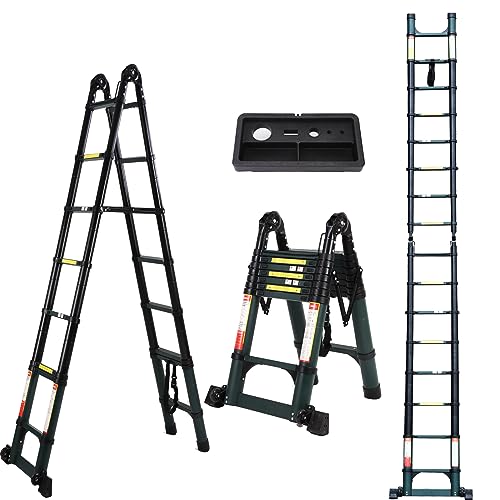 15.5FT Telescoping Aluminum Extension Ladder with Triangular Stabilizer 330 lbs Load T7609