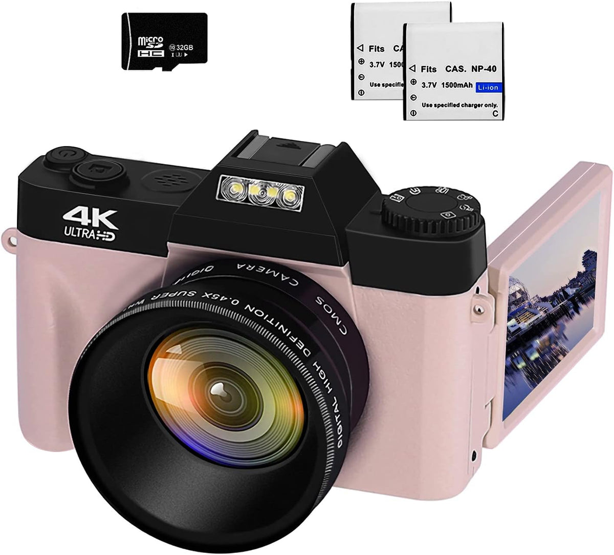 48MP 16X Digital Zoom Flip Screen Autofocus Camcorder with Wide-Angle Lens, Macro Lens, 32G Micro Card, 2 Batteries (Gray) V7879