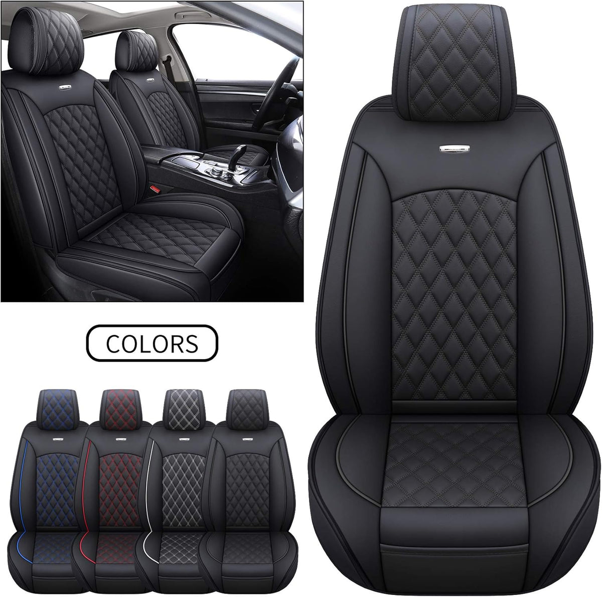 Waterproof Leather Car Seat Covers Full Set Black-Blue E28411