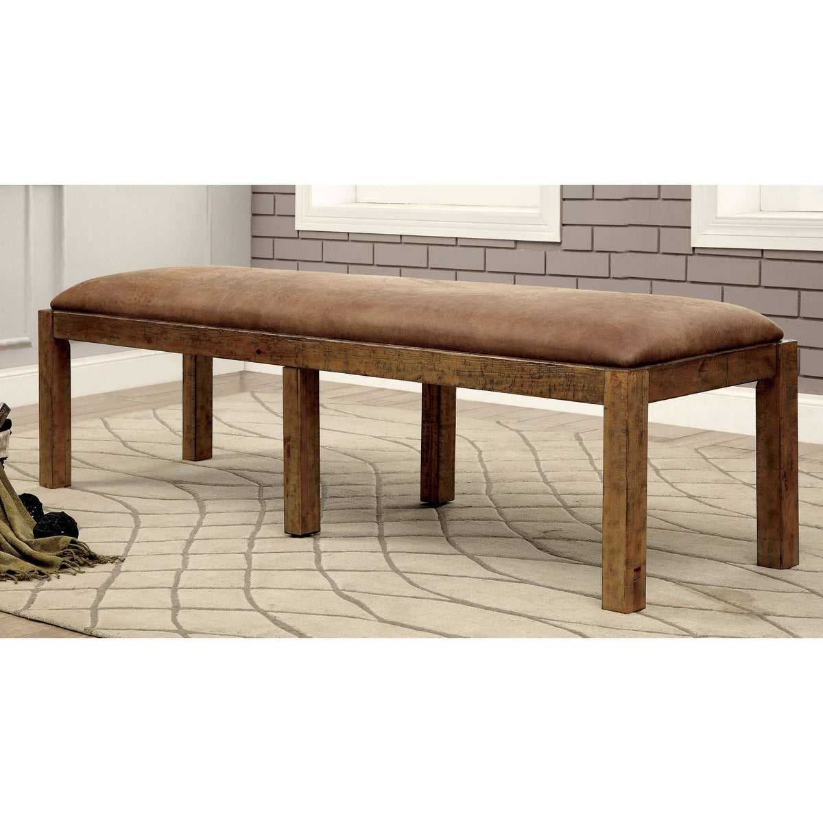 Industrial Rustic Pine Upholstered Dining Bench N5771