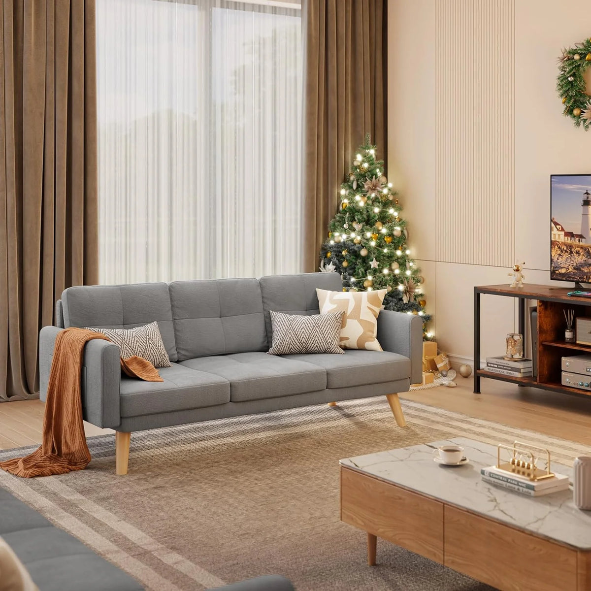 Gray 2-Seater Sofa with 3 Pillows D7035