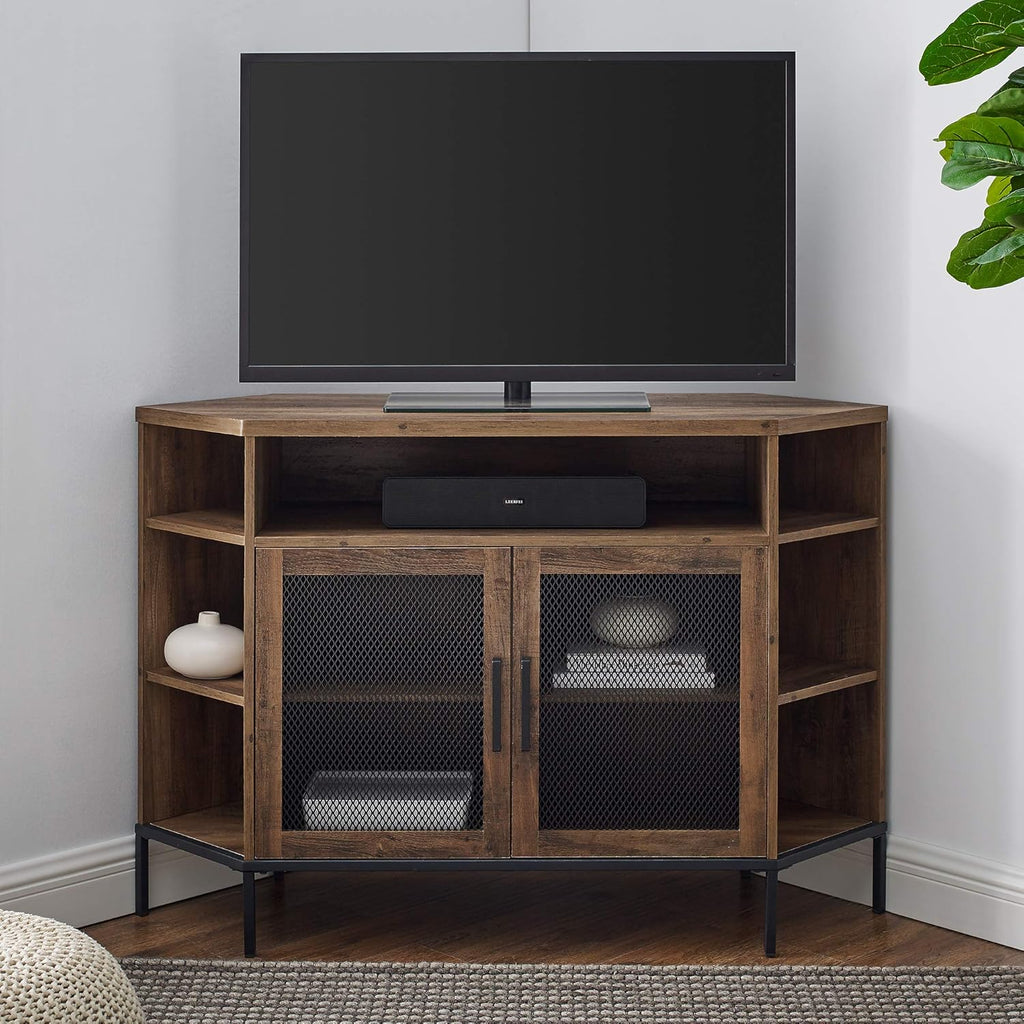 Rustic Oak 48 Inch Metal Mesh and Wood Corner TV Stand with Open Shelves Cabinet Doors L66958