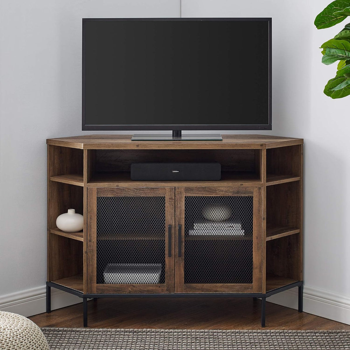 Rustic Oak 48 Inch Metal Mesh and Wood Corner TV Stand with Open Shelves Cabinet Doors L66958