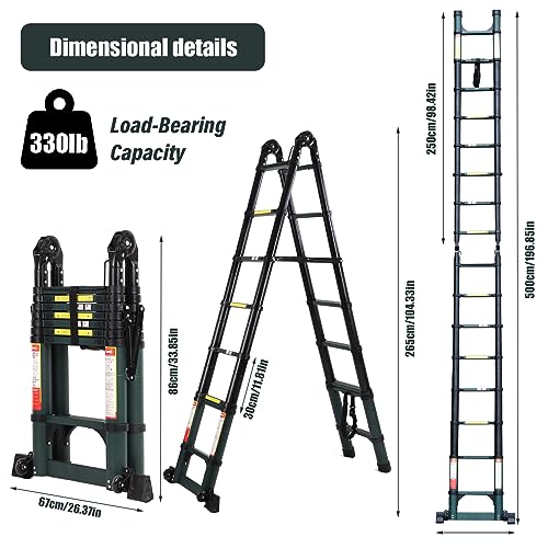15.5FT Telescoping Aluminum Extension Ladder with Triangular Stabilizer 330 lbs Load T7609