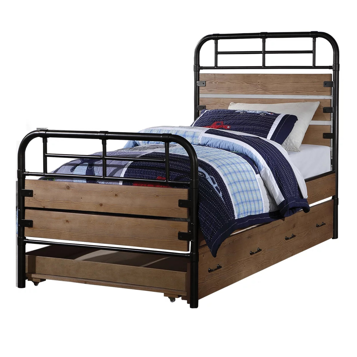 Metal and Wood Twin Size Bed with Slated Headboard Black and Brown A758