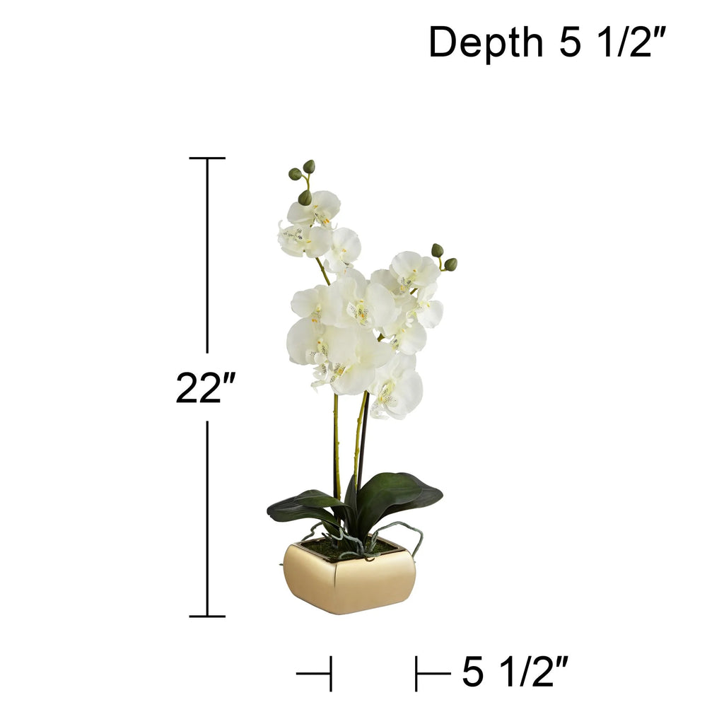 White Artificial Orchid in Gold Ceramic Pot 22" V976