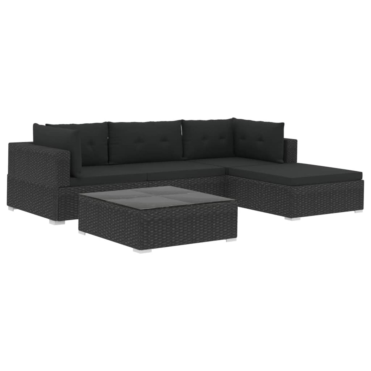 5 Piece Black Poly Rattan Outdoor Conversation Sofa Set with Tea Table and Ottoman Y7559