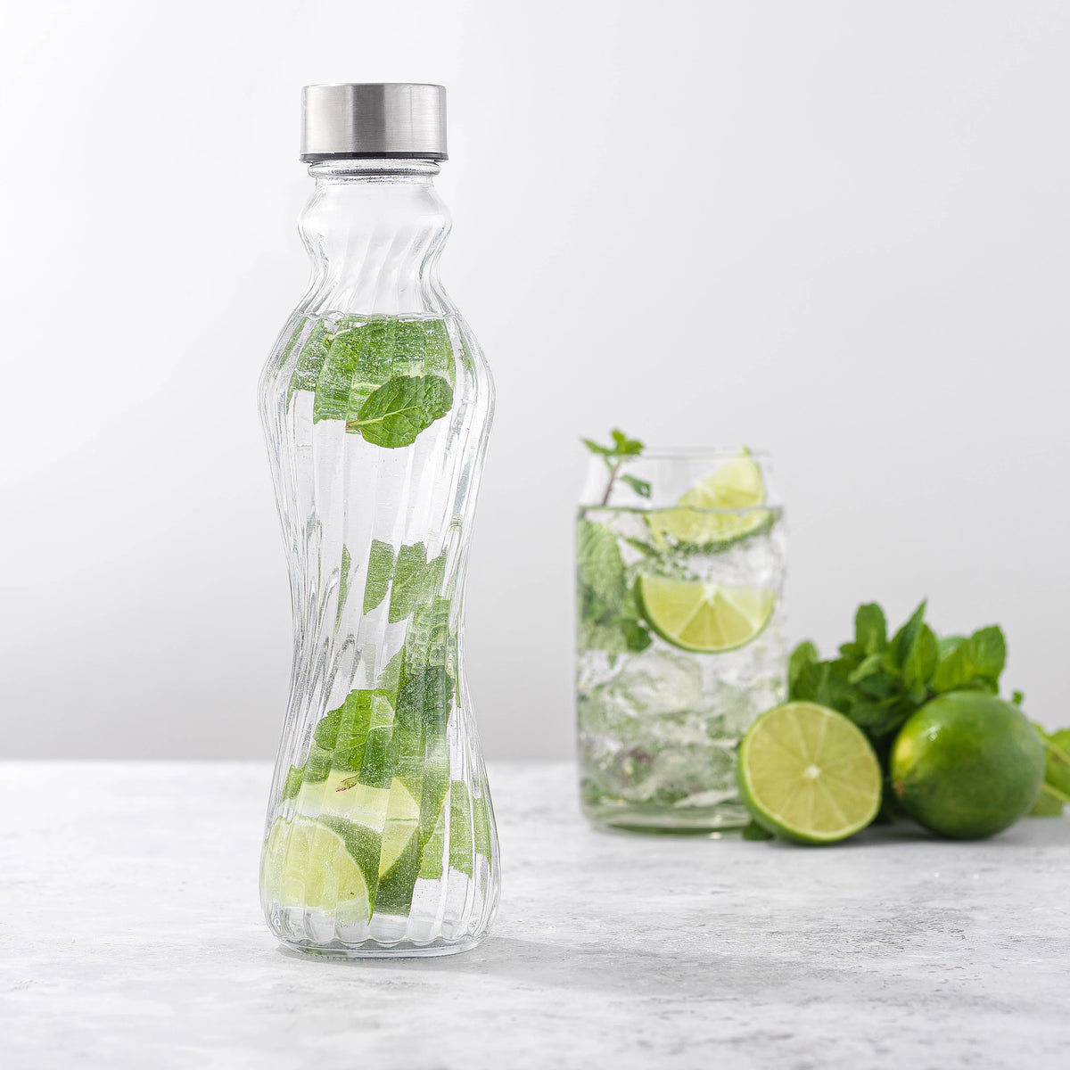 Fluted Glass Water Bottles with Stainless Steel Lids 18oz Set of 6 U42002