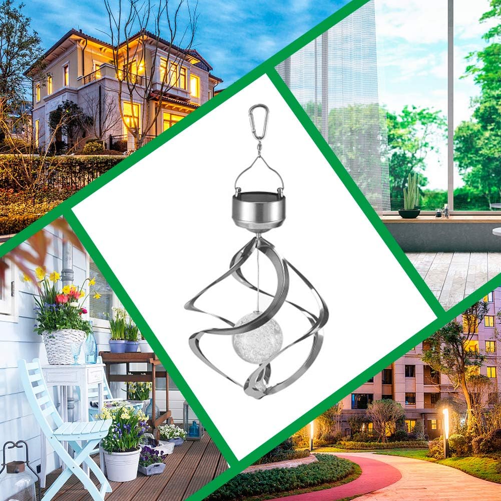 LED Solar Revolving Wind Chimes Hanging Spiral Lights J7811