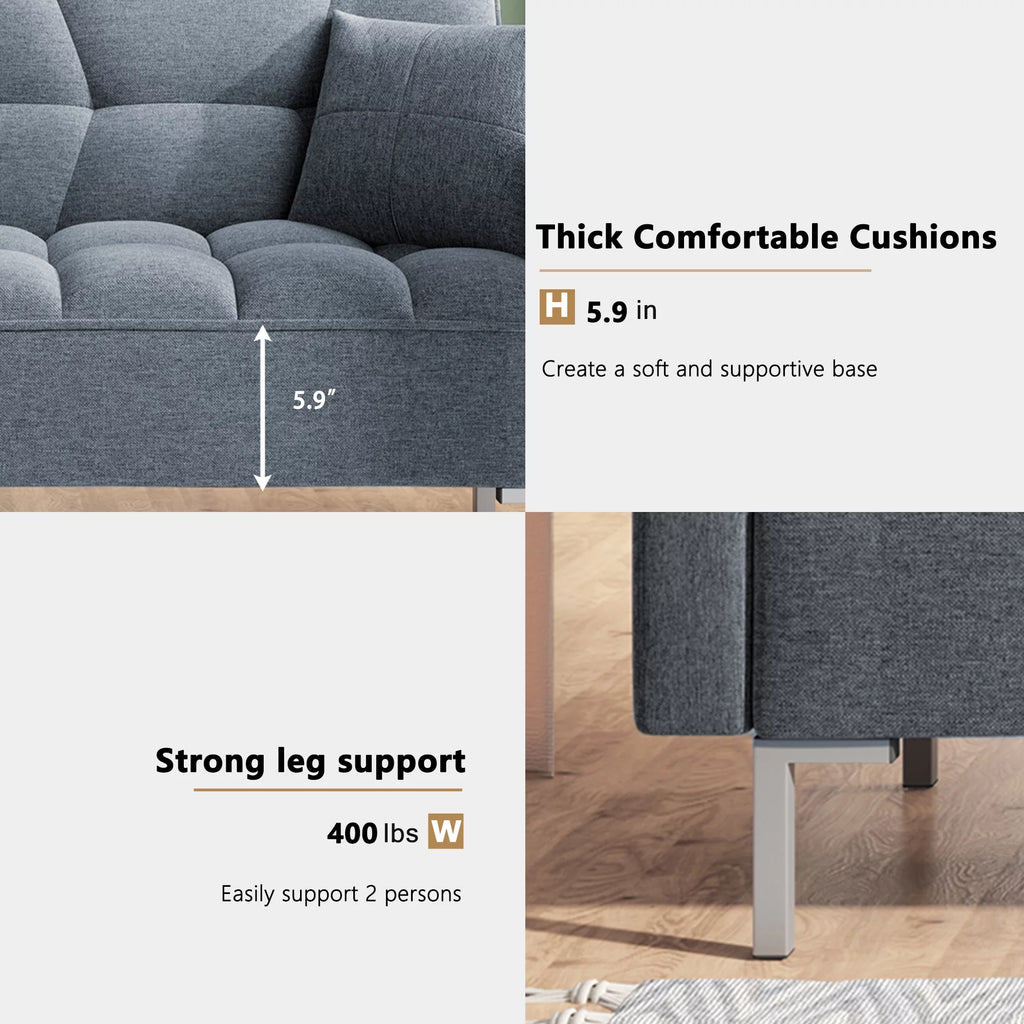 75" W Sectional Sofa Convertible Folding Futon Sofa Bed 3 Seat Couch with Linen Fabric P558