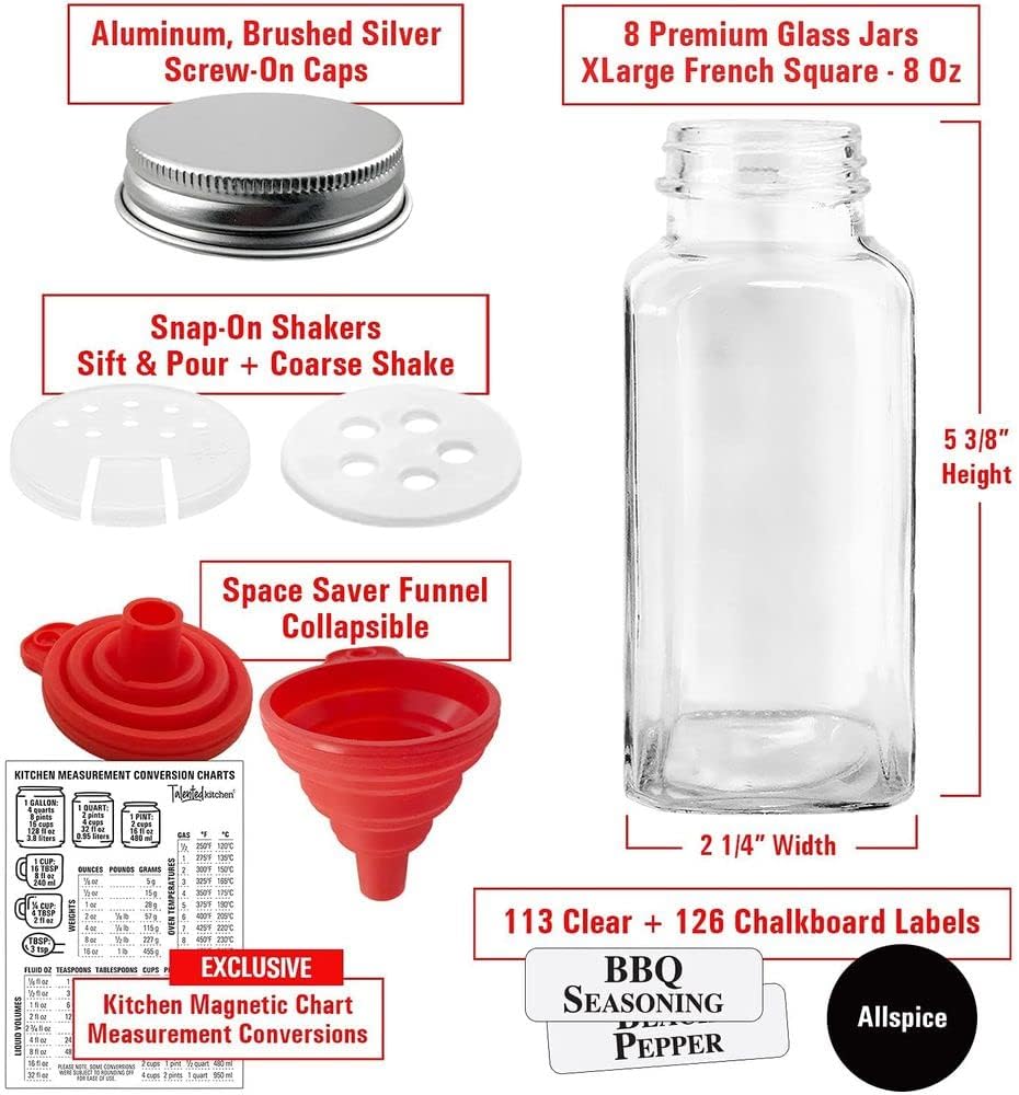 8 XLarge 8oz Glass Spice Jars with Airtight Cap and Shaker P23637