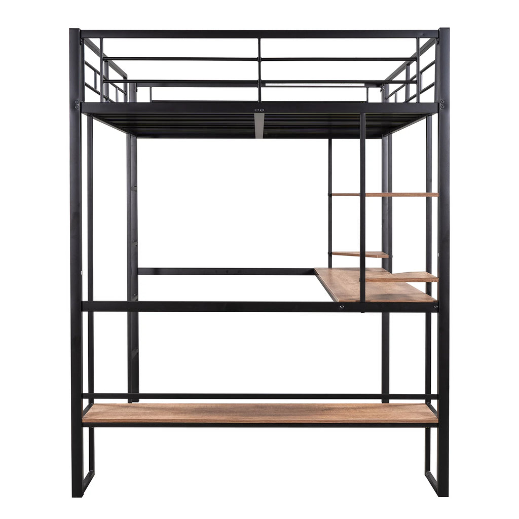 Black Full Metal Loft Bed with Desk and Storage Shelves Y61260