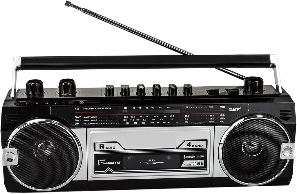 Black Retro Bluetooth Boombox Radio Cassette Player Recorder F43127