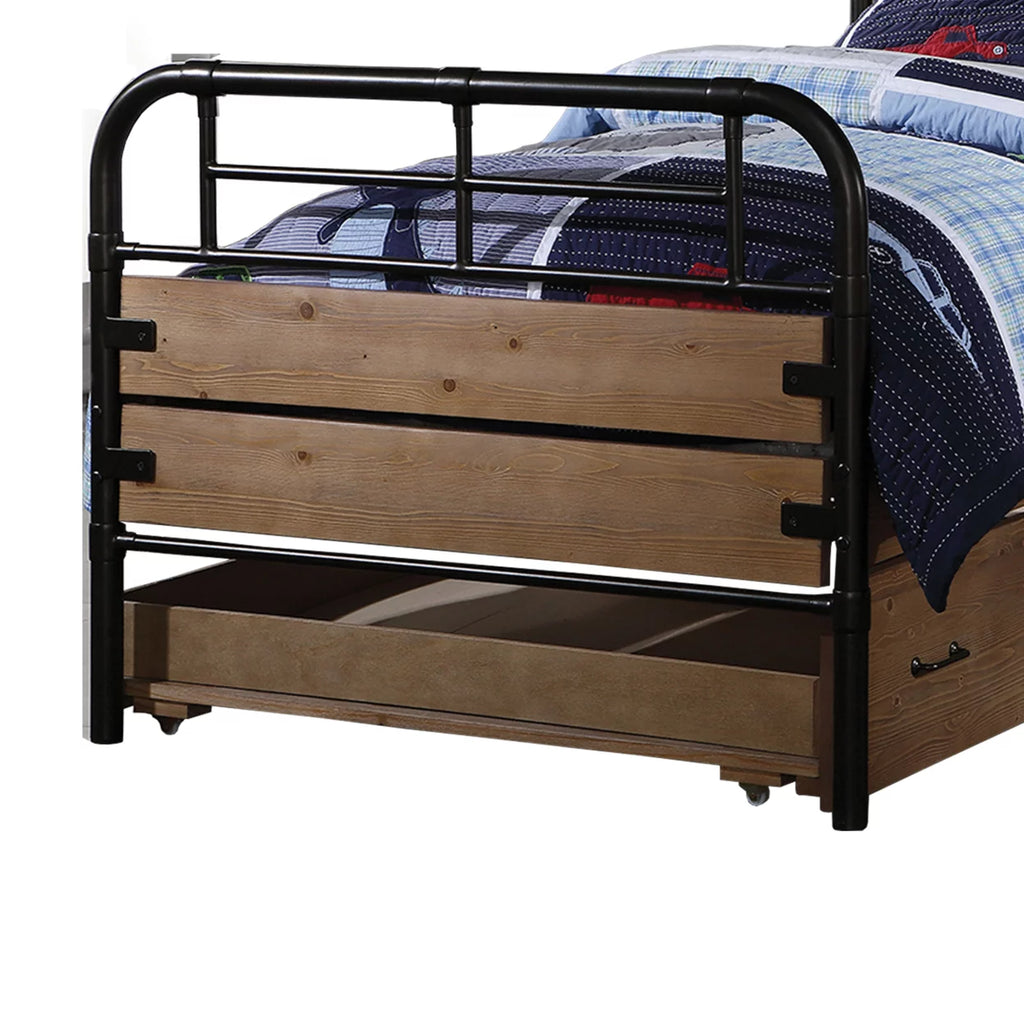 Metal and Wood Twin Size Bed with Slated Headboard Black and Brown A758