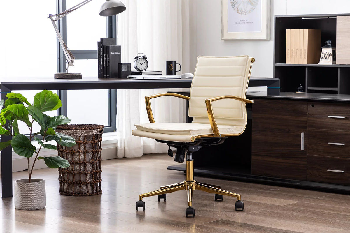 Beige Faux Leather Swivel Office Chair with Armrests T222