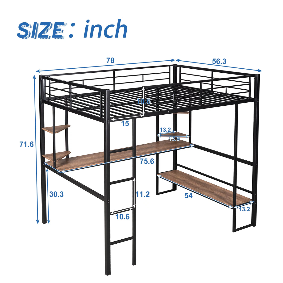 Black Full Metal Loft Bed with Desk and Storage Shelves Y61260