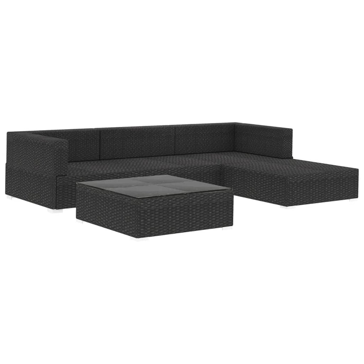 5 Piece Black Poly Rattan Outdoor Conversation Sofa Set with Tea Table and Ottoman Y7559