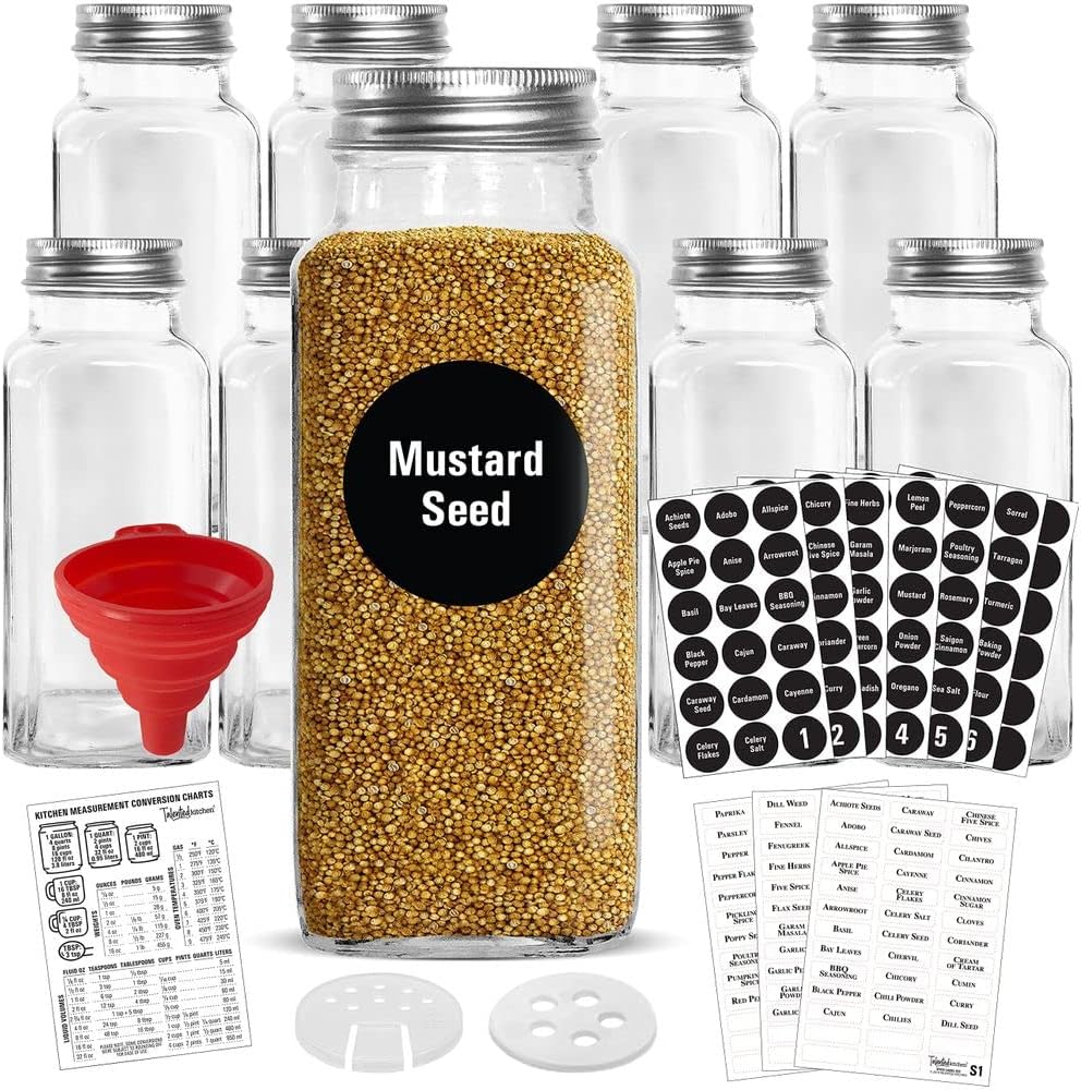8 XLarge 8oz Glass Spice Jars with Airtight Cap and Shaker P23637