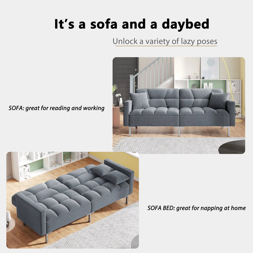 75" W Sectional Sofa Convertible Folding Futon Sofa Bed 3 Seat Couch with Linen Fabric P558