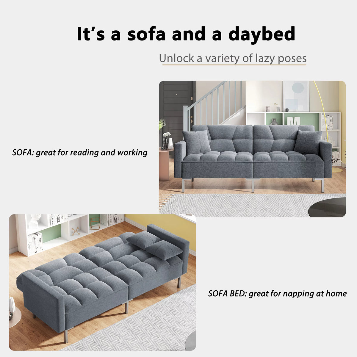 75" W Sectional Sofa Convertible Folding Futon Sofa Bed 3 Seat Couch with Linen Fabric P558