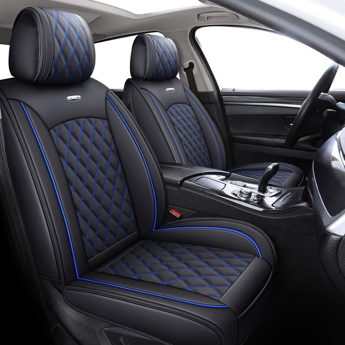 Waterproof Leather Car Seat Covers Full Set Black-Blue E28411