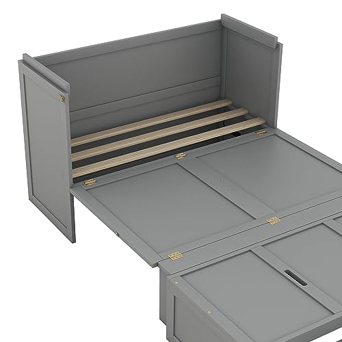 White Queen Size Foldable Wood Wall Bed Frame with Shelves and LED Lights Z620738