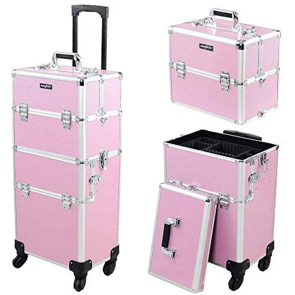 Pink Rolling Aluminum Makeup Train Case with 4 Removable Wheels O69181
