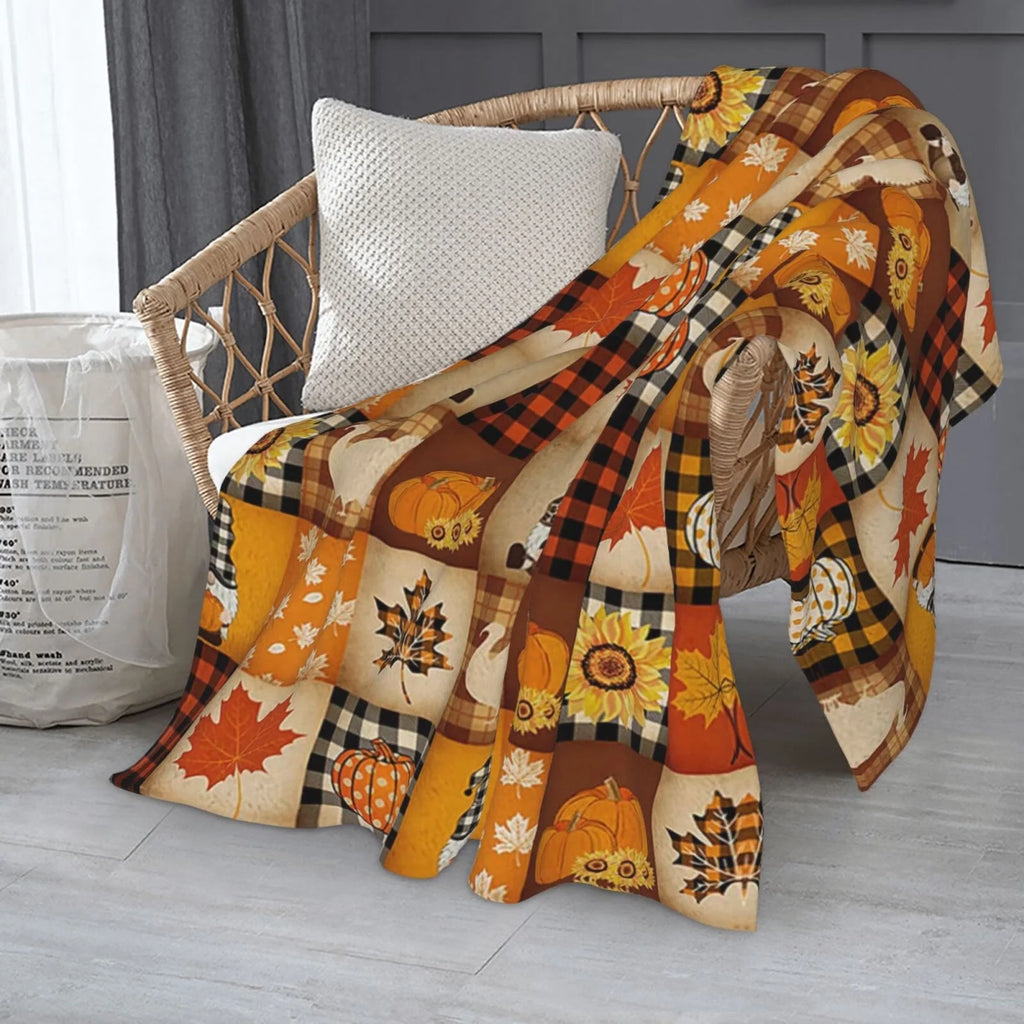 Pumpkin Turkey Maple Leaf Gnome Plaid Flannel Throw Blanket 50 X 40 Inch F23994
