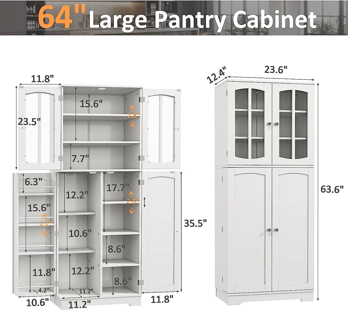 White Wood Kitchen Pantry Storage Cabinet with Doors and Shelves M26442
