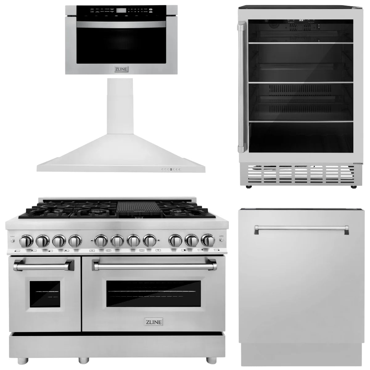 48 Dual Fuel Range, Range Hood, Microwave Drawer, Dishwasher and Beverage Fridge J15764
