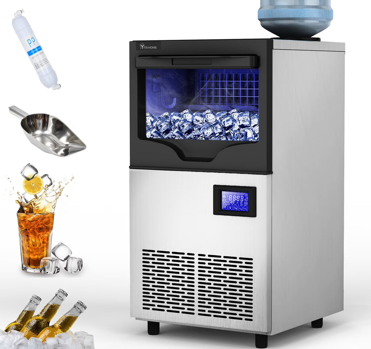 Commercial Ice Maker Machine 100lbs/24h with 33lbs Storage Bin, Stainless Steel Ice Scoop, Blue Light, Freestanding Ice Machine Water Bottle C664113