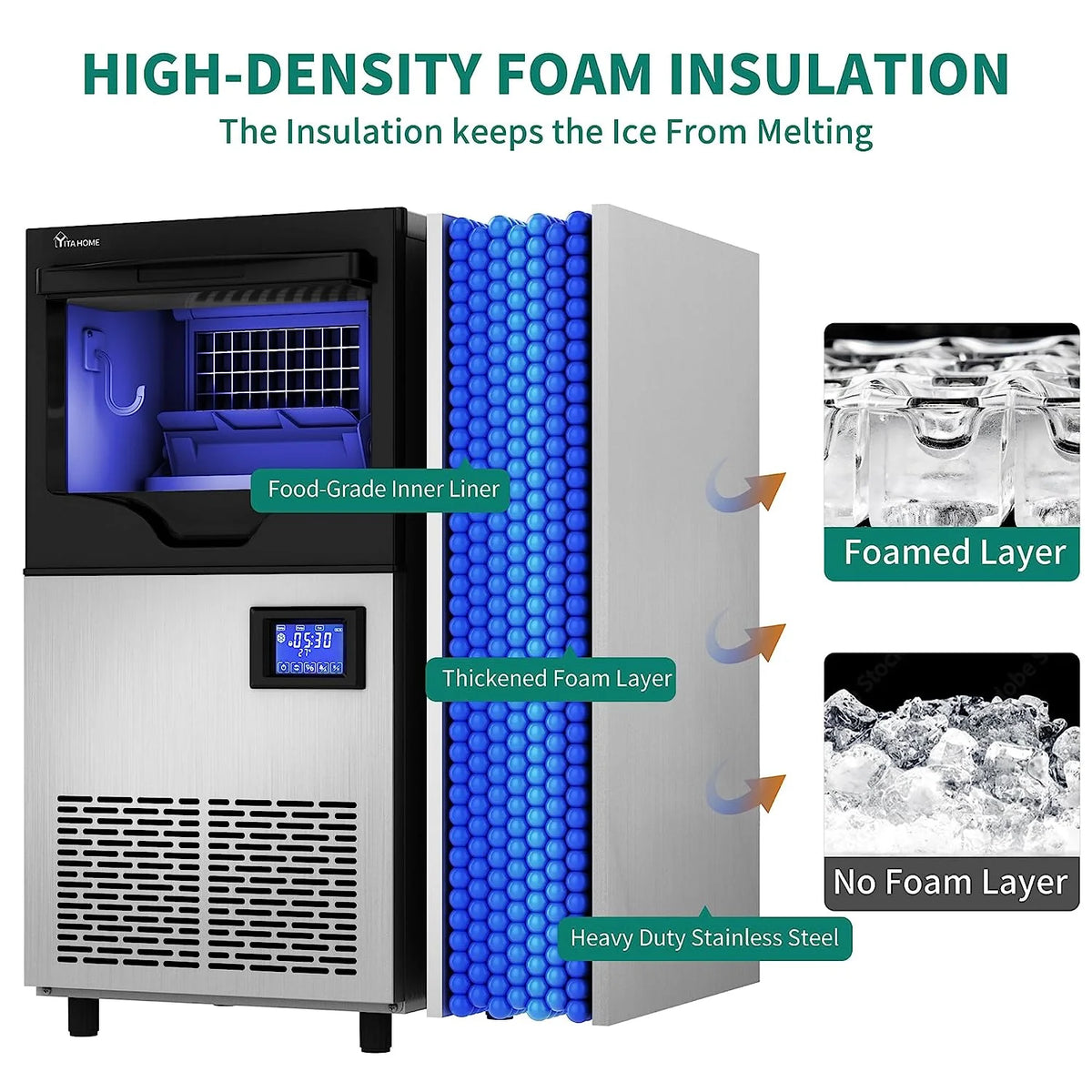 Commercial Ice Maker Machine 100lbs/24h with 33lbs Storage Bin, Stainless Steel Ice Scoop, Blue Light, Freestanding Ice Machine Water Bottle C664113