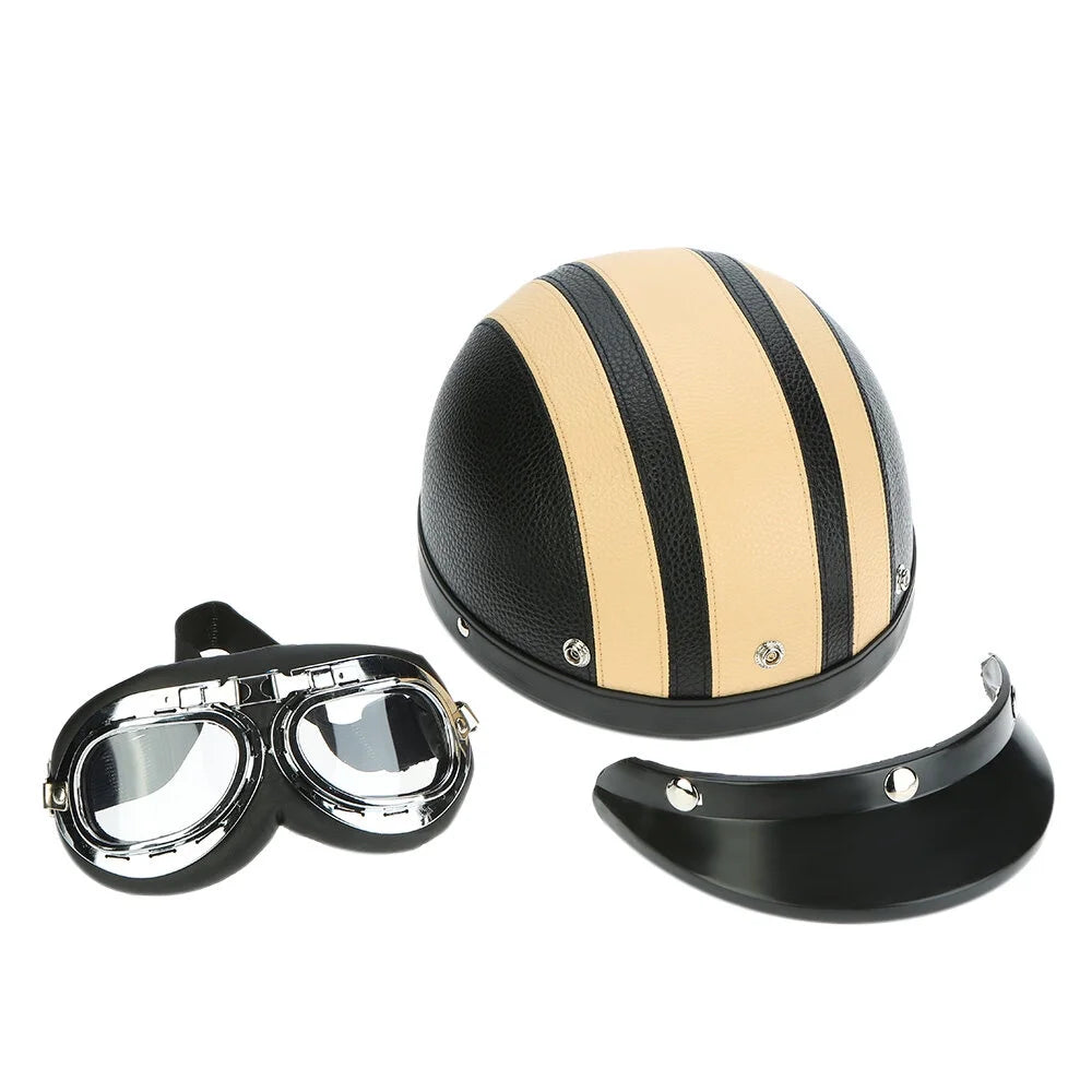 Motorcycle Scooter Open Face Half Leather Helmet with Visor UV Goggles 54-60cm Z69996